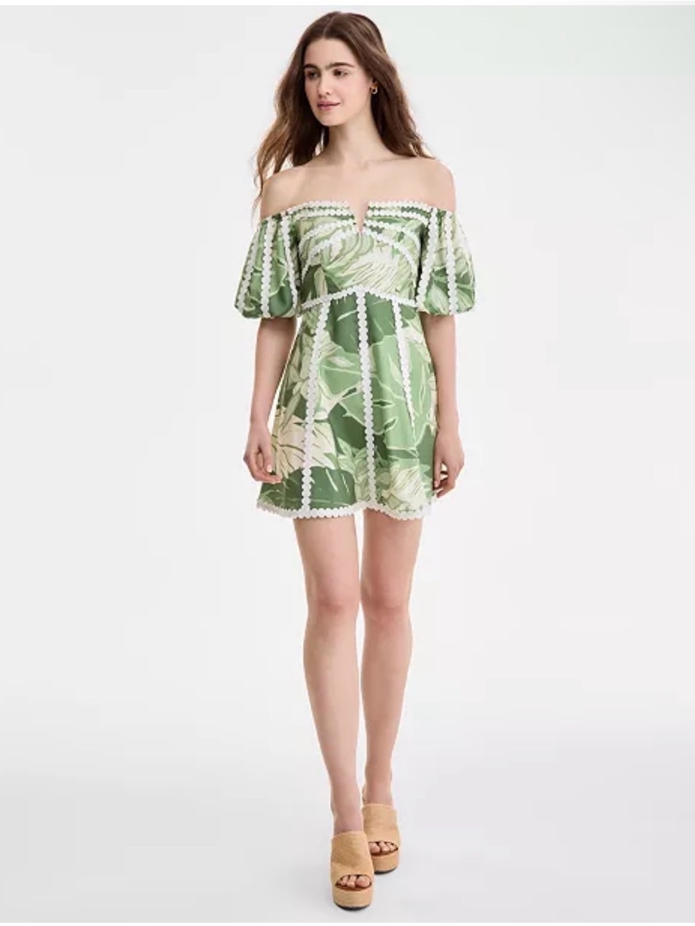 Rachel Rachel Roy Off-Shoulder Green Tropical Print Mini Dress